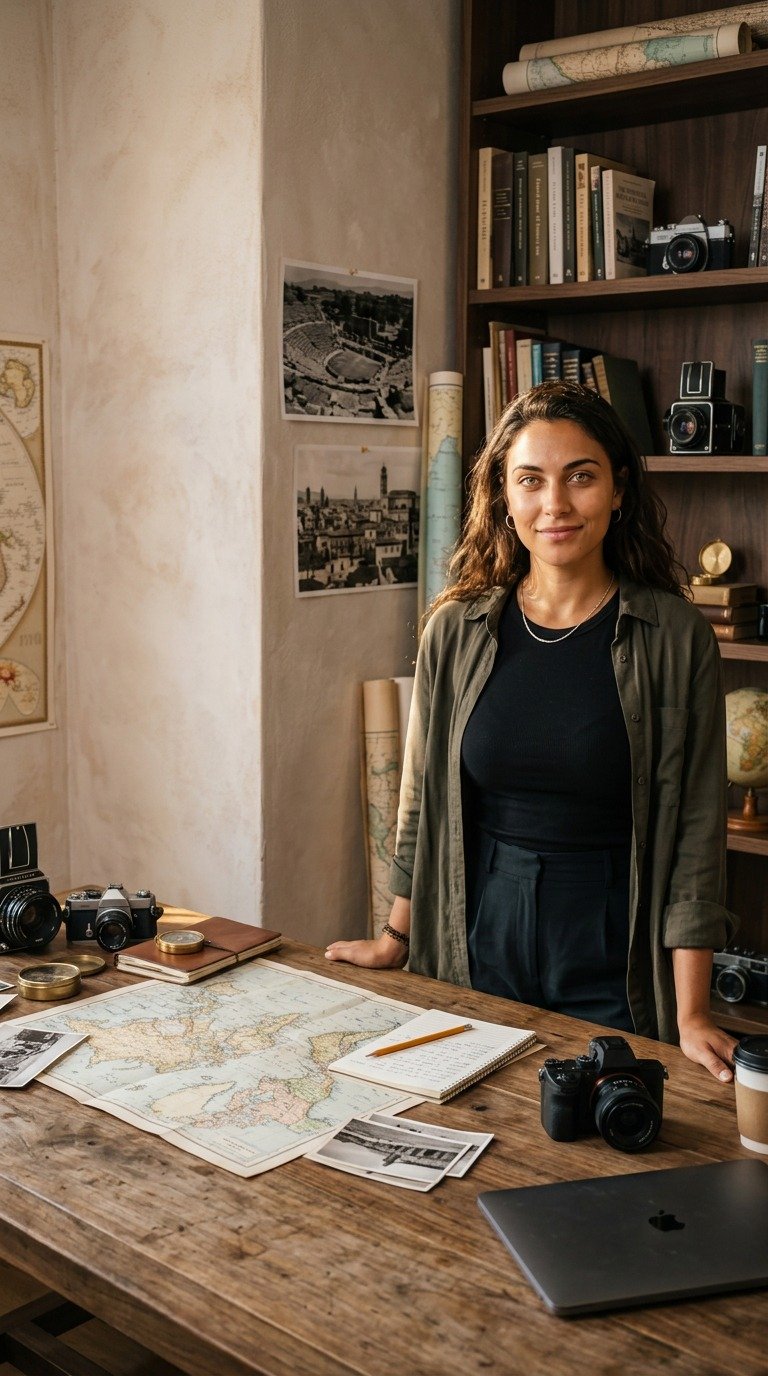 Valeria junto a mapas y cámaras en su estudio, protagonista virtual de Te llevo al pasado